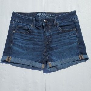 American Eagle Super Stretch Midi Jean Shorts Rolled Cuff Women's 4 Dark Wash